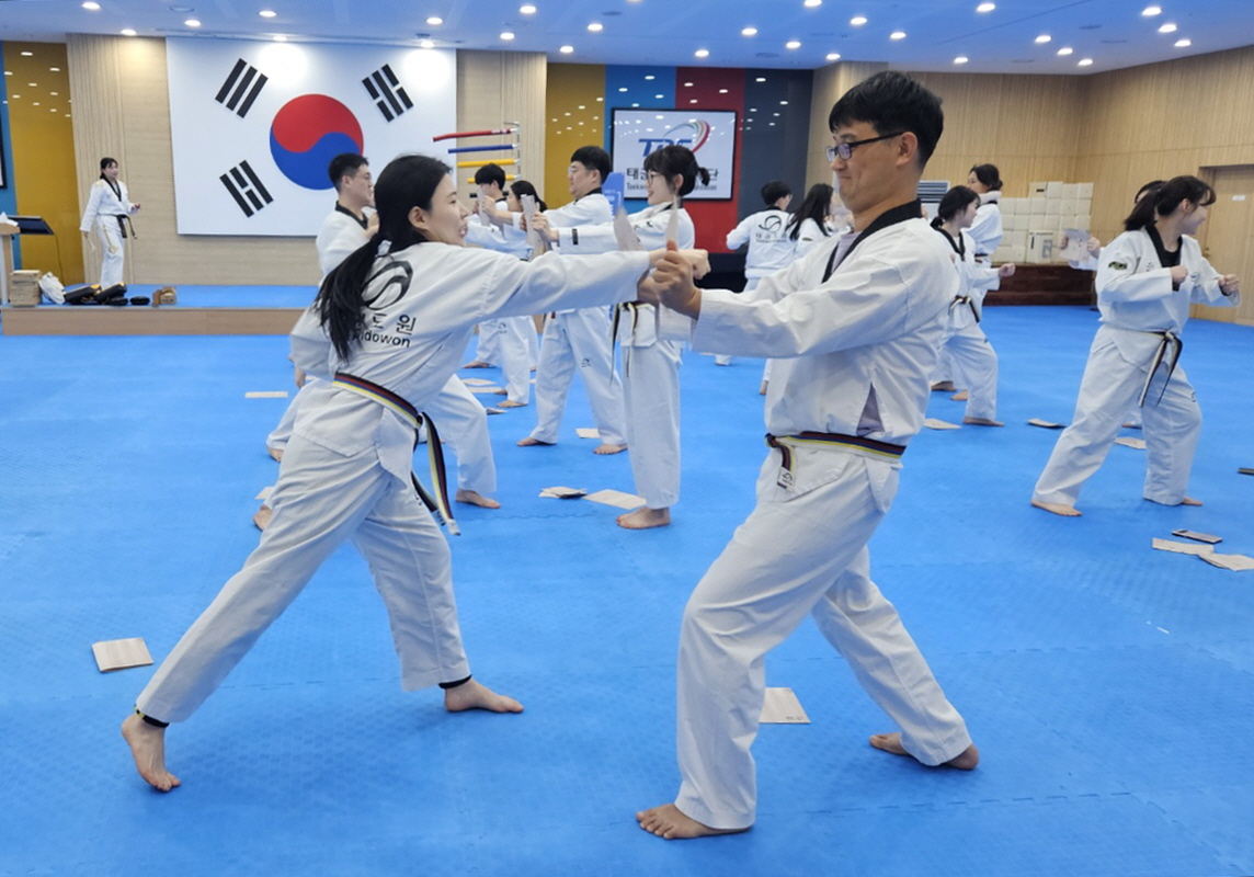 Zwei Taekwondo-Sportler trainieren gemeinsam eine Technik, während im Hintergrund weitere Teilnehmende üben.