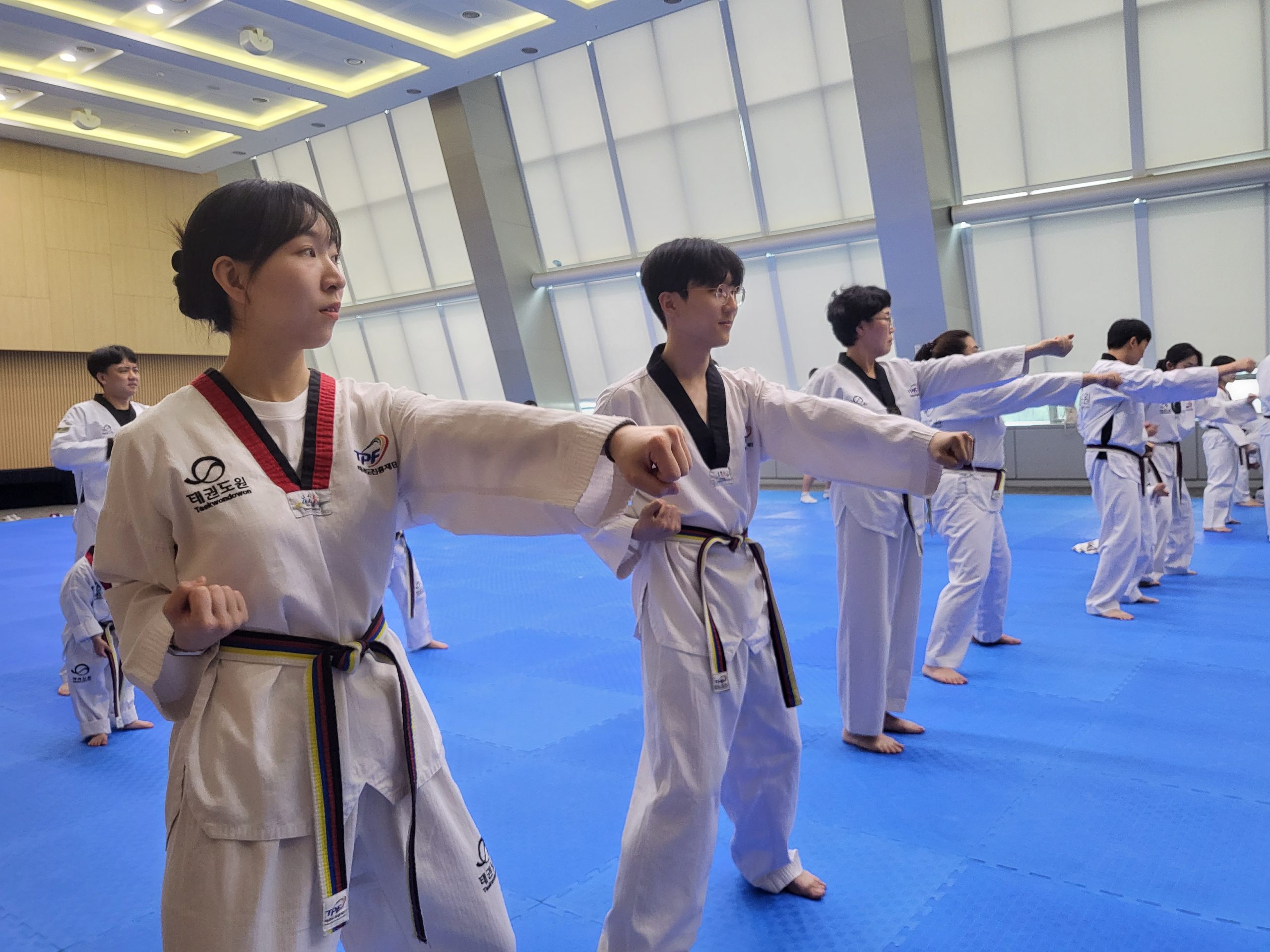 Eine Gruppe Taekwondo-Sportler übt Armtechniken in einer großen Trainingshalle.